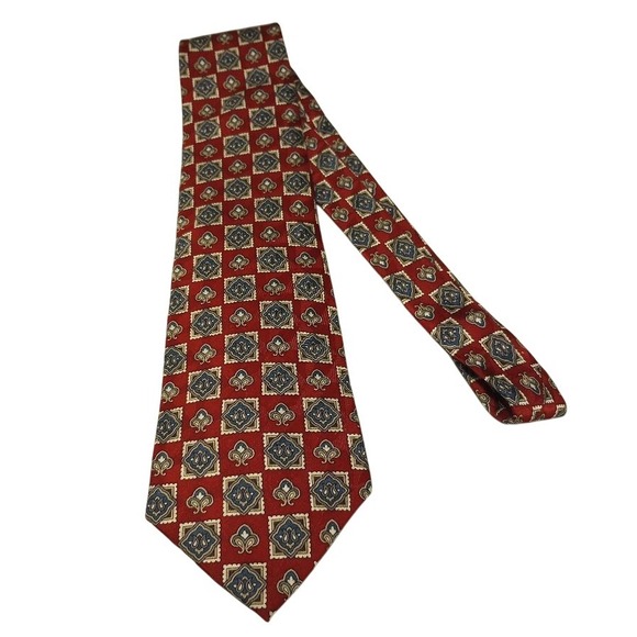 Van Heusen Other - Van Heusen 417 Silk Mens Red Blue Gold Geometric Pattern Classic Neck Tie